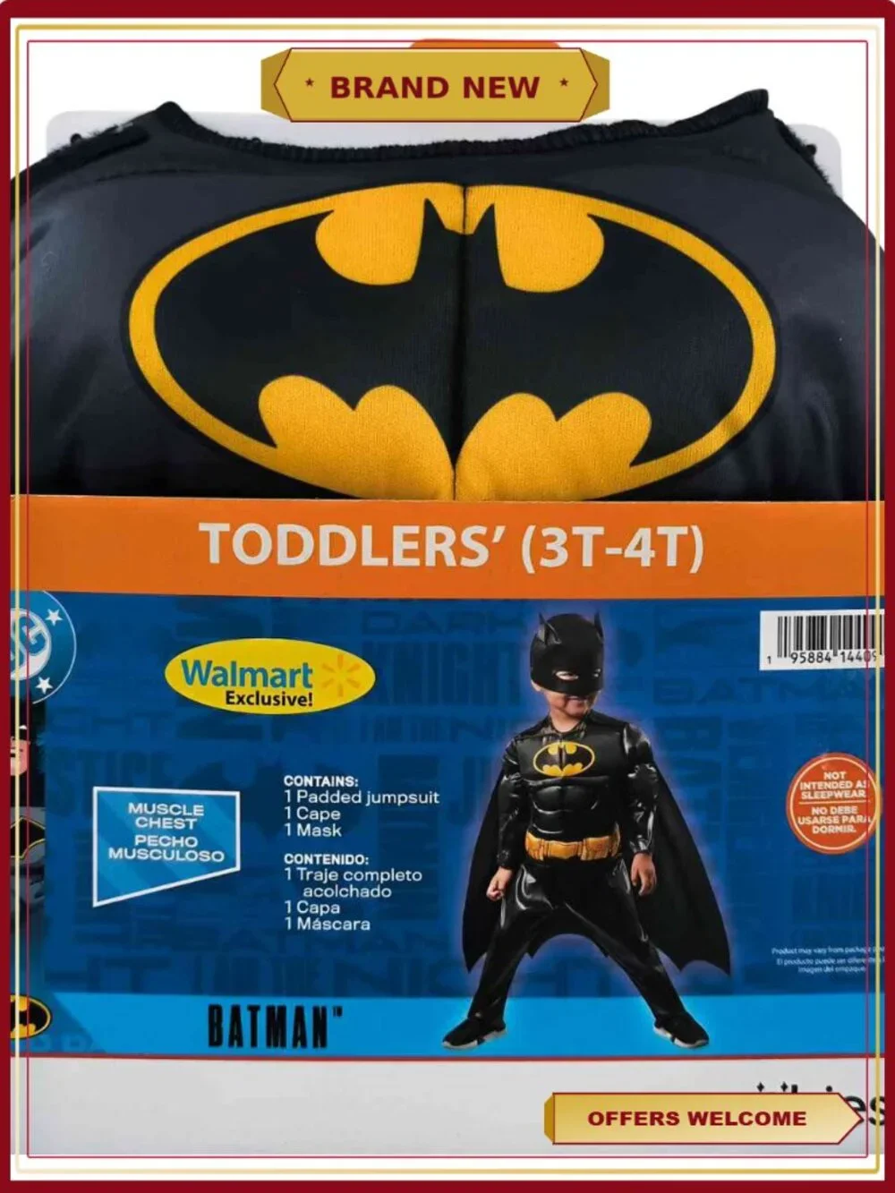 Batman Muscle Chest Costume Toddler 2T with Cape and Mask for Halloween